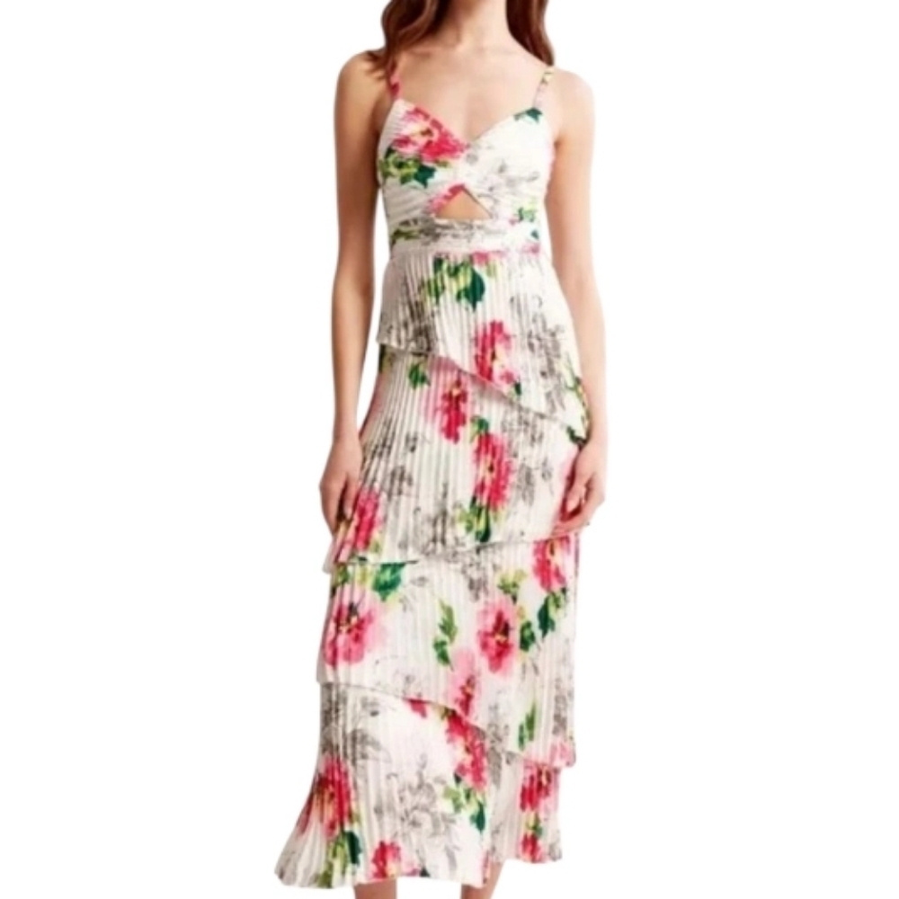 Abercrombie & Fitch Giselle Pleated Tiered Maxi Dress Satin White Floral Sz LP